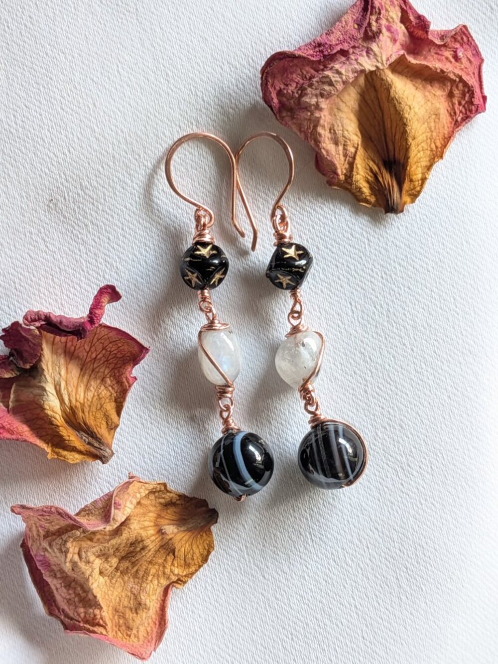 Copper Earrings with Banded Agates, Czech Glass Star Cubes and Moonstones - Picture 7 of 10